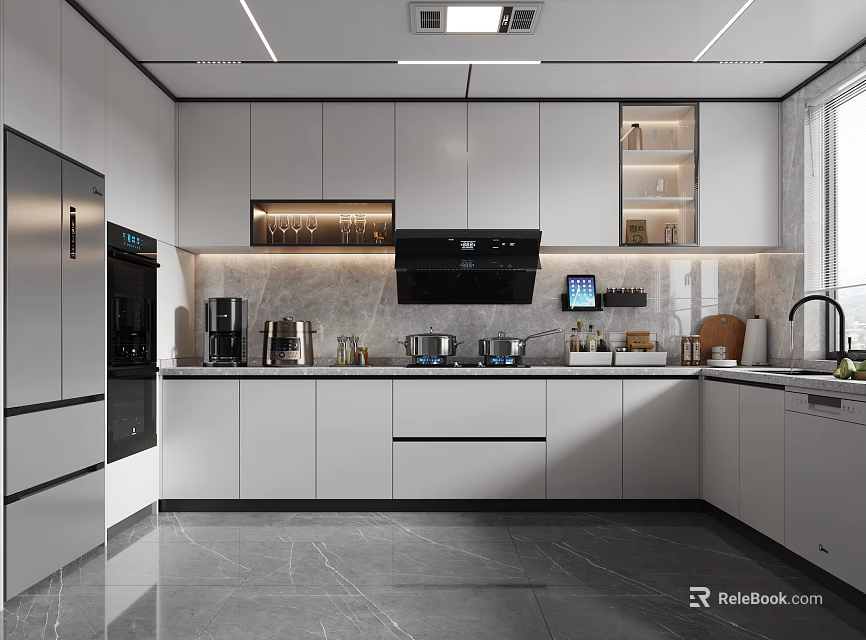 Modern Open Concept Kitchen Interior Design With Island Counter And Appliances 3d model 