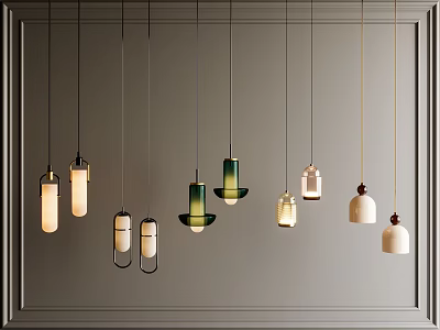 Modern Pendant Lights With Various Shapes Hanging Against Minimalist Wall Background 3d model