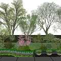 Arbor Trees Surrounded by Lush Shrubs Colorful Flowers and Potted Plants on Stone Walkway