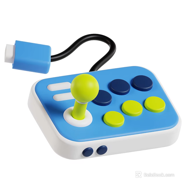 Board Game Entertainment Controller With Yellow Joystick Colorful Buttons Blue White Body Black Cable 3d model 