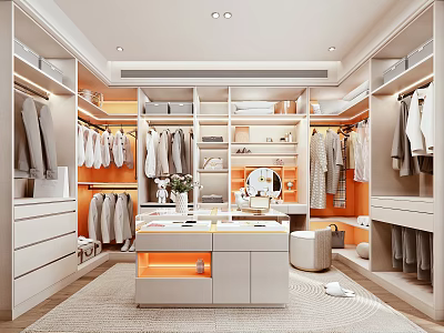 Modern Walk-in Closet Interior With Hanging Clothes Cabinets And Dressing Table Mirror 3d model