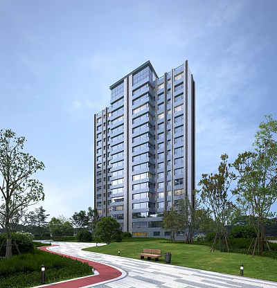 Modern High Rise Residential Building With Glass Windows And Surrounding Greenery 3d model