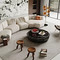 Beige Curved Sofa and Black Round Coffee Table Set with Wooden Stools and Floor Lamp