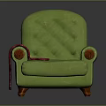 Green Single Sofa With Diamond Tufted Backrest Red Plaid Blanket On Armrest And Wooden Legs