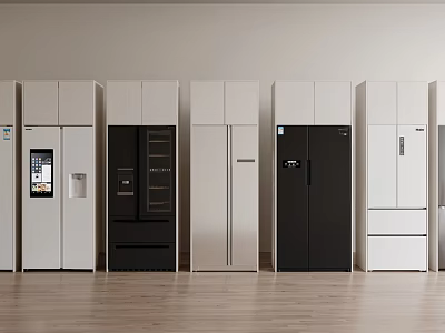 Cabinet Style Refrigerators in White Black Beige Tones for Modern Kitchen with Wooden Floor 3d model