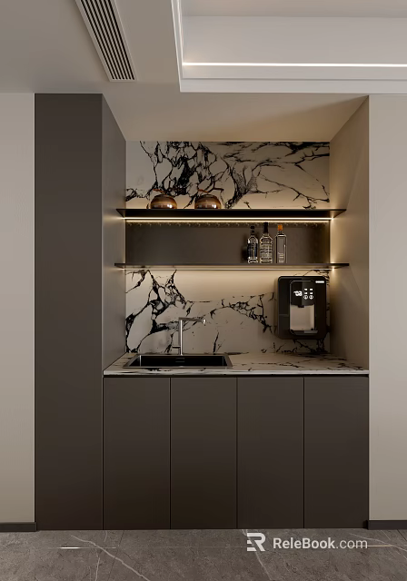 Modern Wine Cabinet With Marble Backsplash Glass Shelves Wine Glass Holders And LED Lighting 3d model 