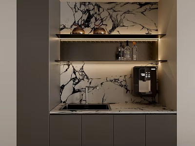 Modern Wine Cabinet With Marble Backsplash Glass Shelves Wine Glass Holders And LED Lighting 3d model