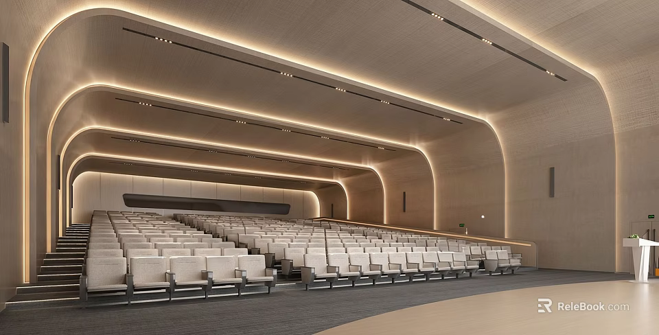 Modern Conference Room With Curved Ceiling Design Recessed Lighting Light Colored Walls And Arranged Seats 3d model 