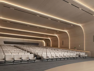 Modern Conference Room With Curved Ceiling Design Recessed Lighting Light Colored Walls And Arranged Seats 3d model