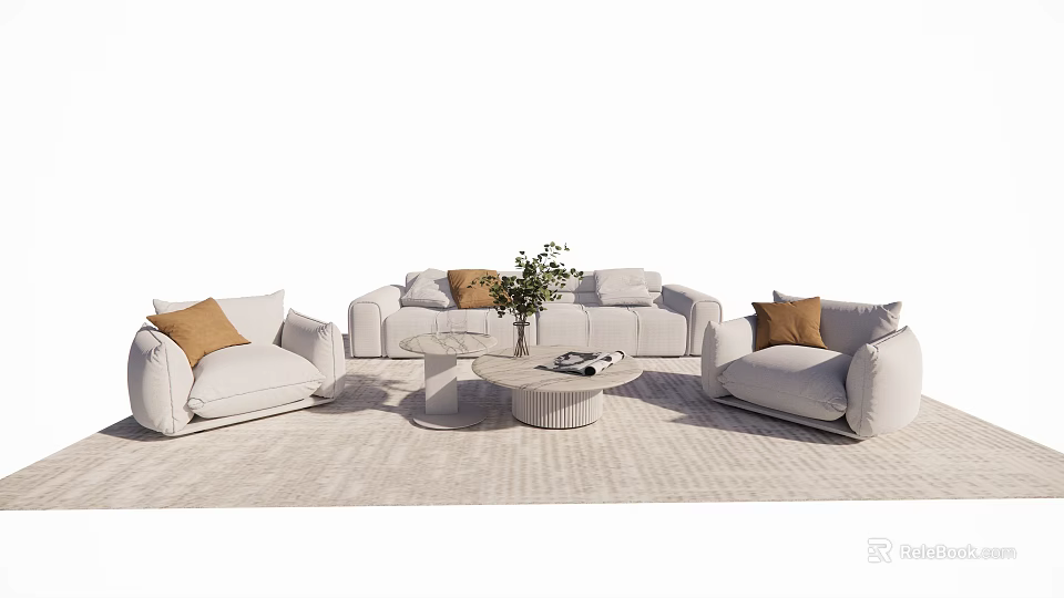 Modern Sofa Set With Light Colored Pillows Round Coffee Table Potted Plant And Area Rug 3d model 