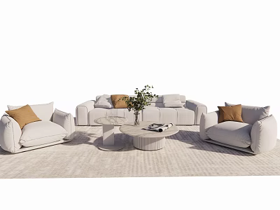 Modern Sofa Set With Light Colored Pillows Round Coffee Table Potted Plant And Area Rug 3d model