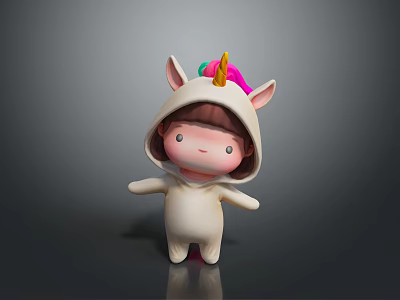 3D Cute Game and Movie Character in White Unicorn Costume With Colorful Horn 3d model
