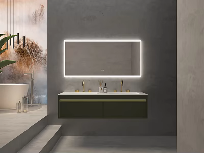 Modern Bathroom Vanity Cabinet With LED Mirror Double Faucets And White Countertop 3d model