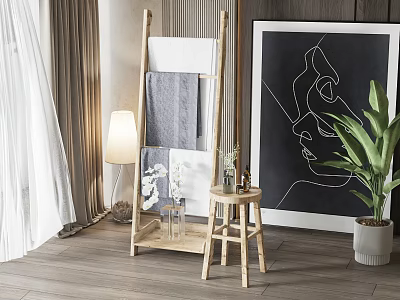 Wooden Storage Shelf in Modern Interior with Stool Vase Plant Abstract Painting and Floor Lamp 3d model