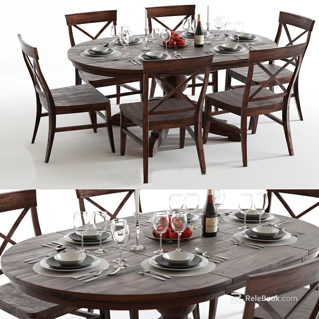 Wooden Dining Table Set With Chairs Plates Wine Glasses Wine Bottle And Apples 3d model 