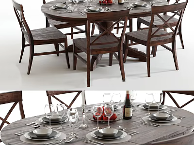 Wooden Dining Table Set With Chairs Plates Wine Glasses Wine Bottle And Apples 3d model