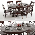 Wooden Dining Table Set With Chairs Plates Wine Glasses Wine Bottle And Apples
