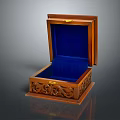 Wooden Display Cabinet Shelf Featuring Carved Design Blue Velvet Lining and Golden Hardware