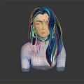 Blue Haired Female Character With Pink Eyes Golden Earrings Choker And Bust Portrait