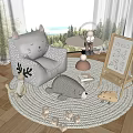 Adorable Animal Dolls In Kids Playroom With Cat Chair Bear Toy Drawing Easel And Blocks