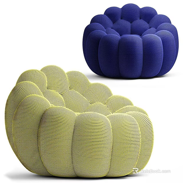Yellow and Blue Single Sofa with Round Puff Pumpkin-like Design and Textured Fabric 3d model 