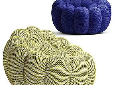 Yellow and Blue Single Sofa with Round Puff Pumpkin-like Design and Textured Fabric 3d model