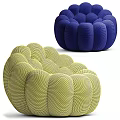 Yellow and Blue Single Sofa with Round Puff Pumpkin-like Design and Textured Fabric