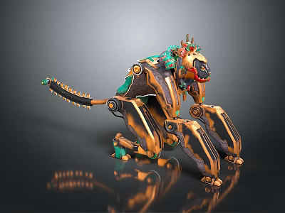 3D Designed Futuristic Game Movie Character With Metallic Structure Green Orange Accents And Spiked Legs 3d model