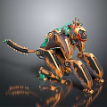3D Designed Futuristic Game Movie Character With Metallic Structure Green Orange Accents And Spiked Legs