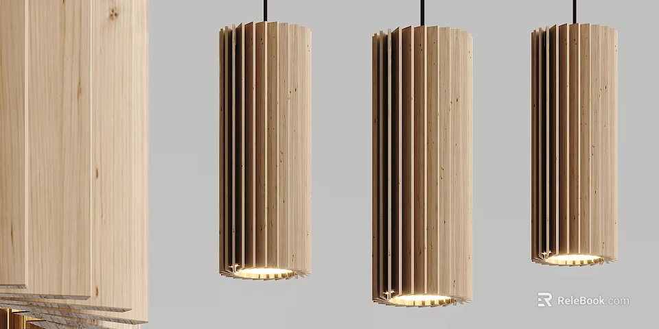 Modern Minimalist Wooden Pendant Lights With Vertical Ribbed Design And Natural Warm Glow 3d model 