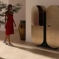Modern Curved Decorative Cabinet Featuring Golden Finish Green Details and Indoor Plant
