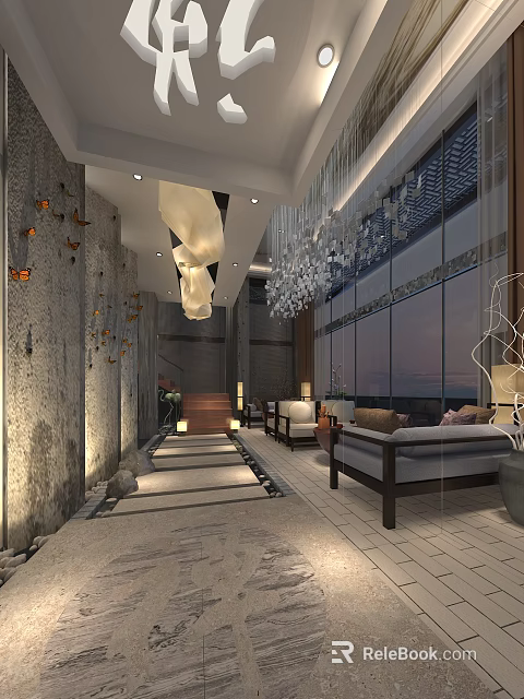 Modern Store Front Desk Design With Elegant Chandeliers Comfortable Sofas And Decorative Wall 3d model 