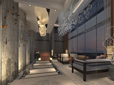 Modern Store Front Desk Design With Elegant Chandeliers Comfortable Sofas And Decorative Wall 3d model