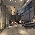 Modern Store Front Desk Design With Elegant Chandeliers Comfortable Sofas And Decorative Wall