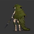 Fantasy Female Game Character With Green Dragon Headpiece Feathered Armor Tail And Spear