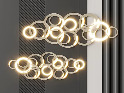 Modern Contemporary Wall Decor With Illuminated Circular Rings Arranged On Dark Striped Background 3d model