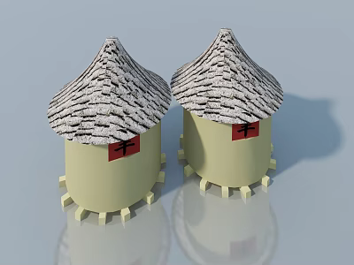 Traditional Rustic Flush Doors Featuring Thatch Roof Yellow Frame And Red Windows 3d model