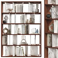 Contemporary Open Shelf Unit With Wooden Frame Marble Layers And Decorative Books Vases