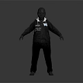 3D Fashion Model Wearing Black Hoodie Black Pants With White Text Logo Against Gray Background
