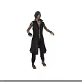 Game Film Character With Long Black Hair Tattooed Arms Sleeveless Long Coat Front Back Views