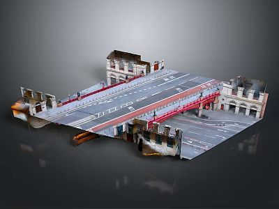 Modern Architectural Model Showcasing Bridge Structure Red Supports And Building Elements 3d model