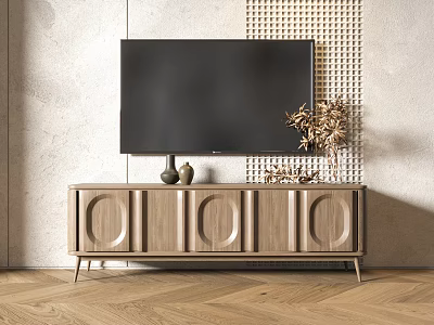Contemporary Wooden TV Stand With Circular Doors TV Decorative Branches And Grid Wall 3d model