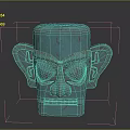 Teal Colored Carved Head Sculpture With Symmetrical Ears And Geometric Facial Design