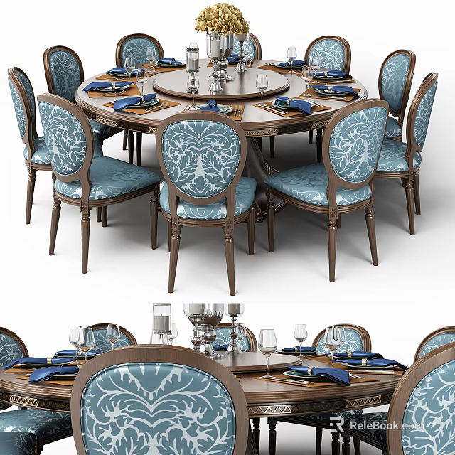 Elegant Round Wooden Dining Table Set With Blue Patterned Chairs And Glassware 3d model 