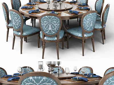 Elegant Round Wooden Dining Table Set With Blue Patterned Chairs And Glassware 3d model