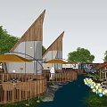 Detached Villa With Triangular Roof Wooden Deck And Yellow Umbrellas By Water At Night