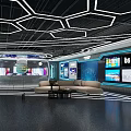 High Tech Control Room With Multiple Screens Sofa Black Floor And Blue Lighting 3d model