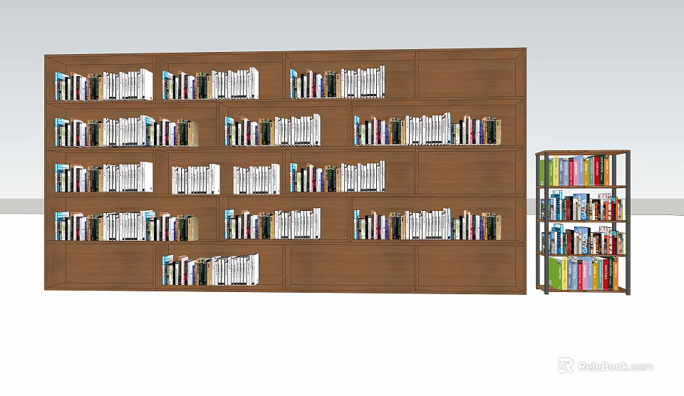 Large Brown Wooden Bookcase With Multiple Compartments Filled With White Books 3d model 