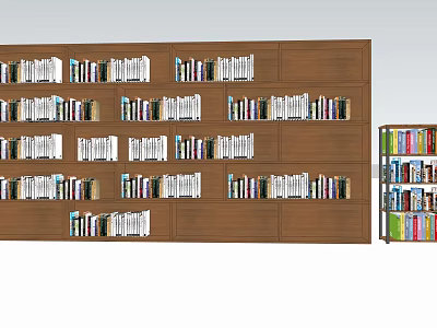 Large Brown Wooden Bookcase With Multiple Compartments Filled With White Books 3d model