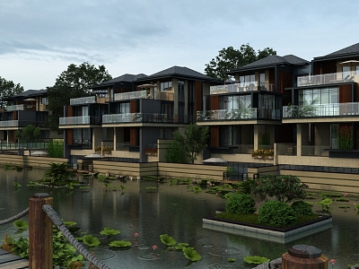 Rainy day garden water system cloudy day villa real villa group 3d model